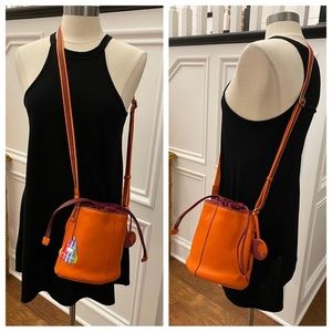 Mywalit Leather Crossbody Bucket Bag Orange and Burgandy